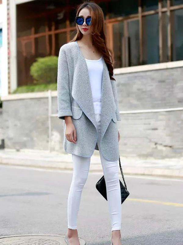 Women Fashion High Quality Khaki Grey Casual Long Sleeve Coat 4