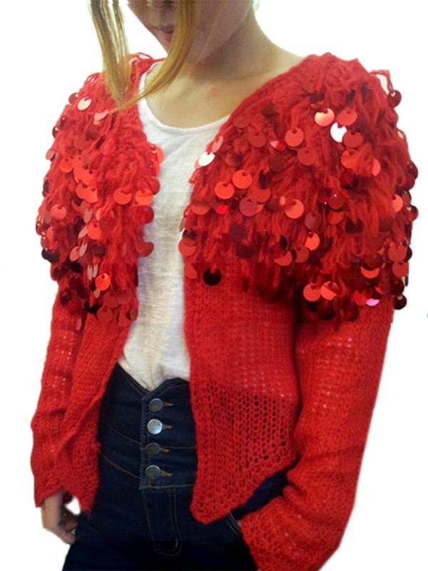 Women Fashion High Quality Red Sequins  Black Casual Cardigan Long Sleeve Coat 4