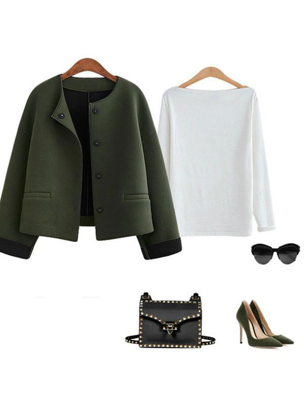 Women Fashion Grey Green Slim Button Short Coat 3