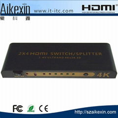 Aikexin 2x4 HDMI Switch Splitter 2 input 4 output support 4K with Remote  