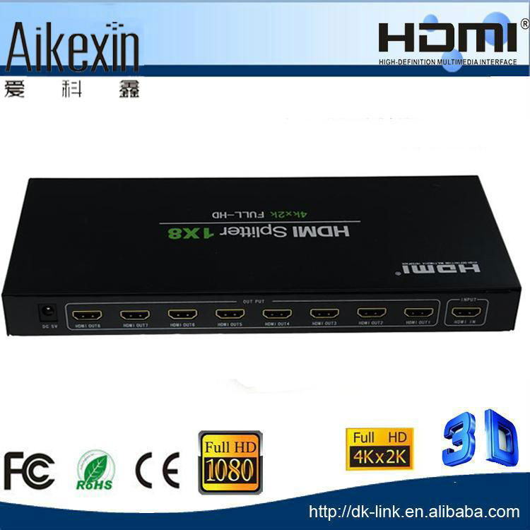 Aikexin 1x8 HDMI Splitter 1 in 8 out support 4Kx2K 1080p 3D