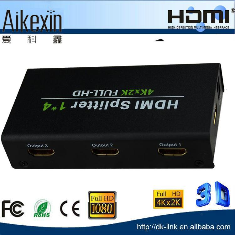 Aikexin 1x4 HDMI Splitter 1 in 4 out hdmi splitter with 4Kx2K 3D 1080P 2