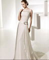 A line Bateau Neck Chapel Train Chiffon Beading Ruffled Wedding Dress 3