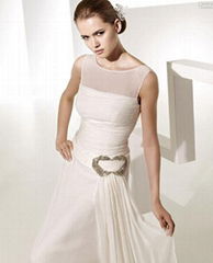 A line Bateau Neck Chapel Train Chiffon Beading Ruffled Wedding Dress