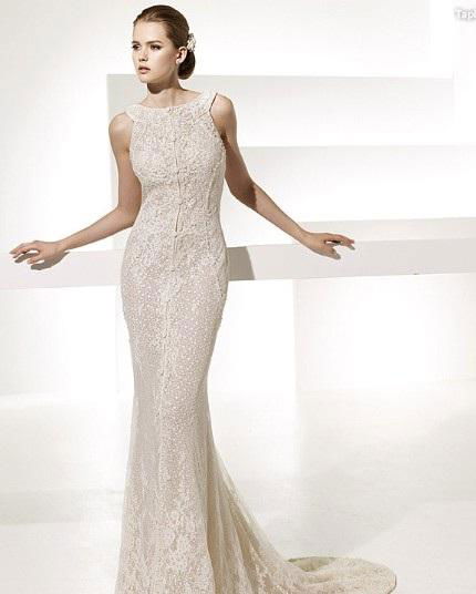 Glamorous Trumpet Mermaid Bateau Neck Chapel Train Lace Front slit Wedding Dress 3