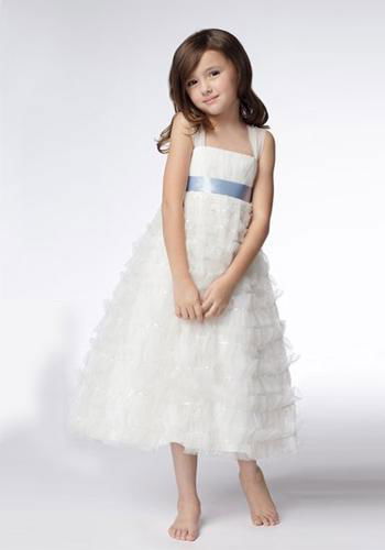 A-line Wide Straps Tea-length Organza Sequins Flower Girl Dresses 3