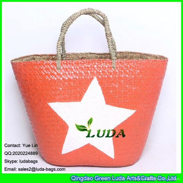 LDSC-102 fashionable beach bag white star painted straw tote bag