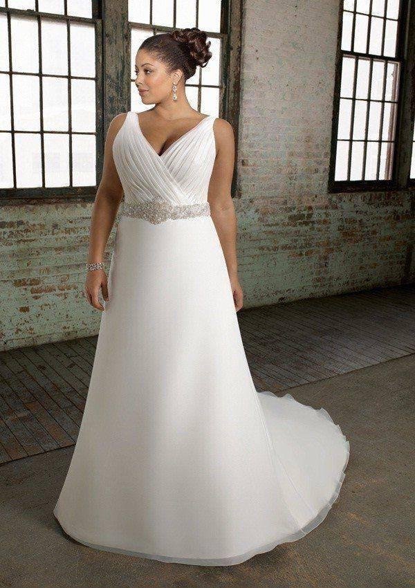 A-line V-neck Chapel Train Organza Over Satin Beading Plus Size Wedding Dress 2