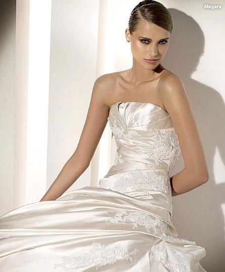 A-line Strapless Cathedral Train Satin Lace Beading Appliques Wedding Dress