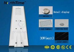 120° Beam Angle All In One Solar LED Street Light 65W 4 Rainy Days Discharge Tim