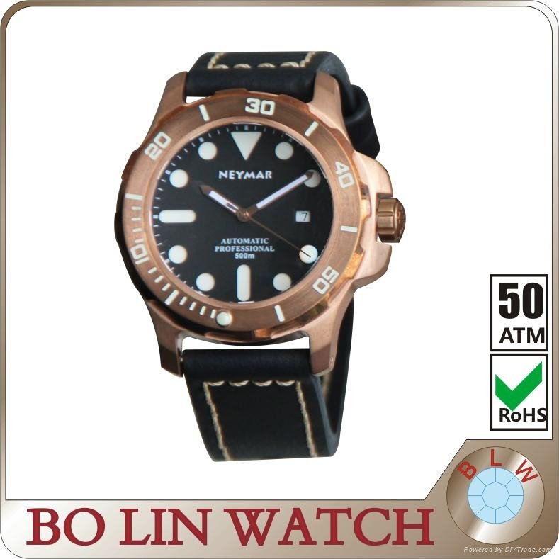  Luxury branded men's watch with dome glass,Diver Bronze watch with super lumino