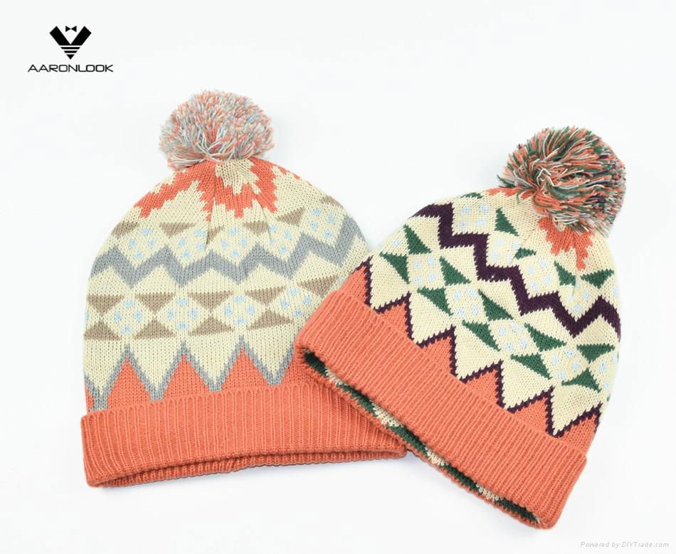 Stylish Multicolor Geometry Jacquard Knit Hat with Pompom 2