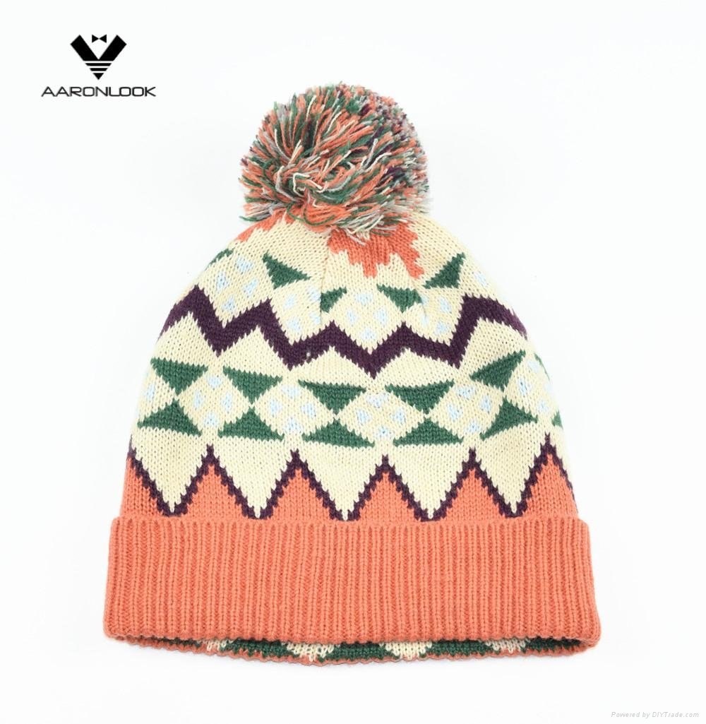 Stylish Multicolor Geometry Jacquard Knit Hat with Pompom 3