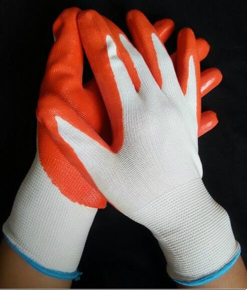 Orange nitrile coated gloves for working