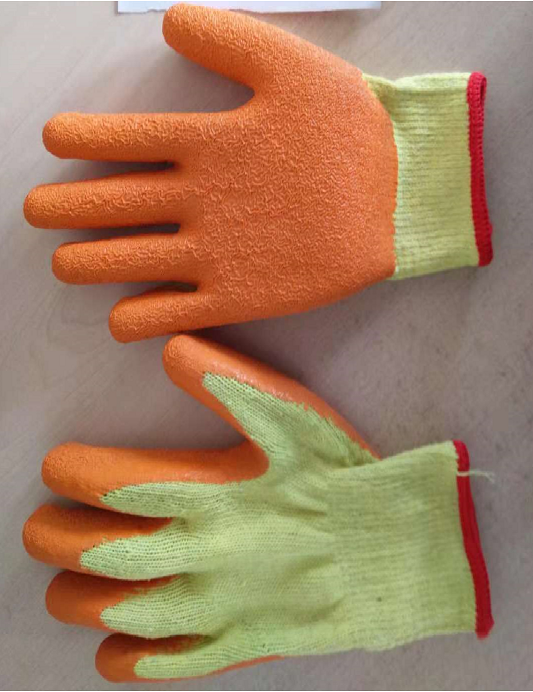 10G 2threads yellow polyester orange latex crinkle finished palm coating glove