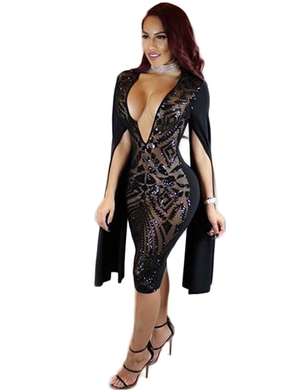 Women's Sexy deep V-neck long-sleeved New Fashion Sexy Dress