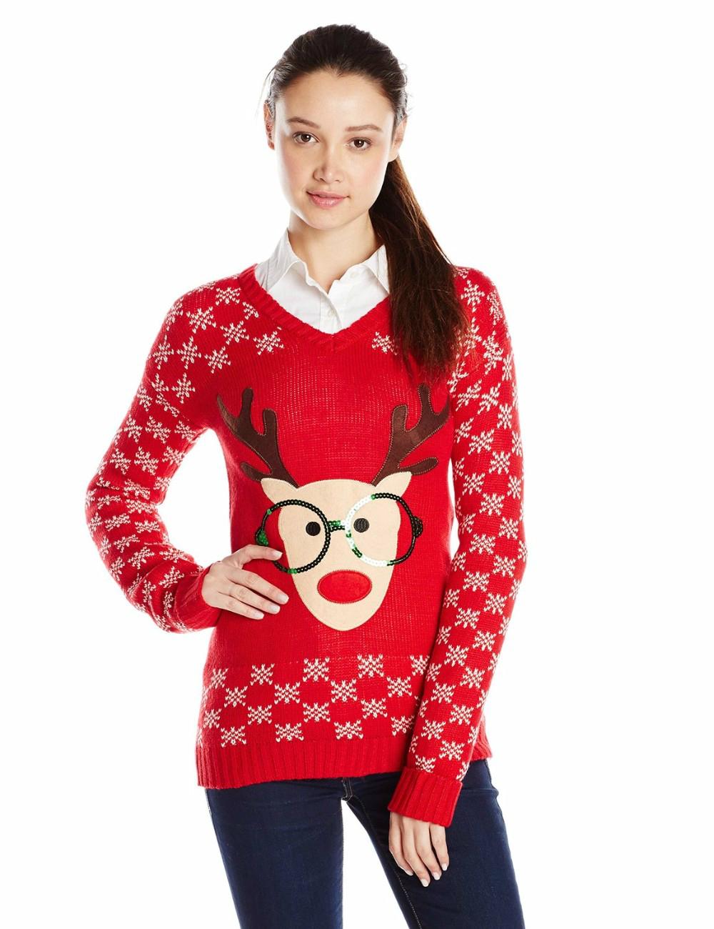 Women Red Sweater Sequined Glasses Santa Reindeer Pattern Christmas Souviners 2