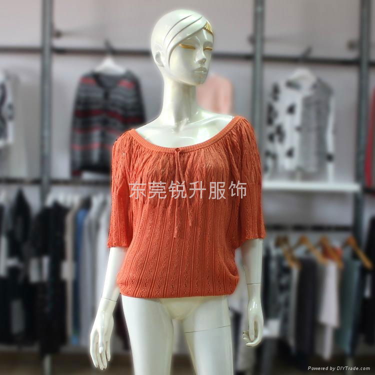 Girls Orange Half Sleeve Eyelet Sweater Tie Collar Knitwear Tops