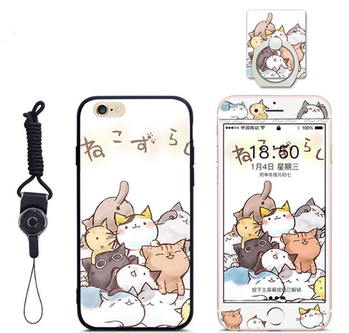 Cartoon Phone Cover for iPhone 6 with Phone Holder String and Tempered glass