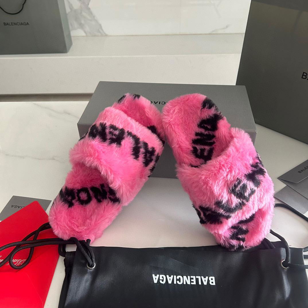 Balenciaga Furry Faux Shearlings Slides Pink