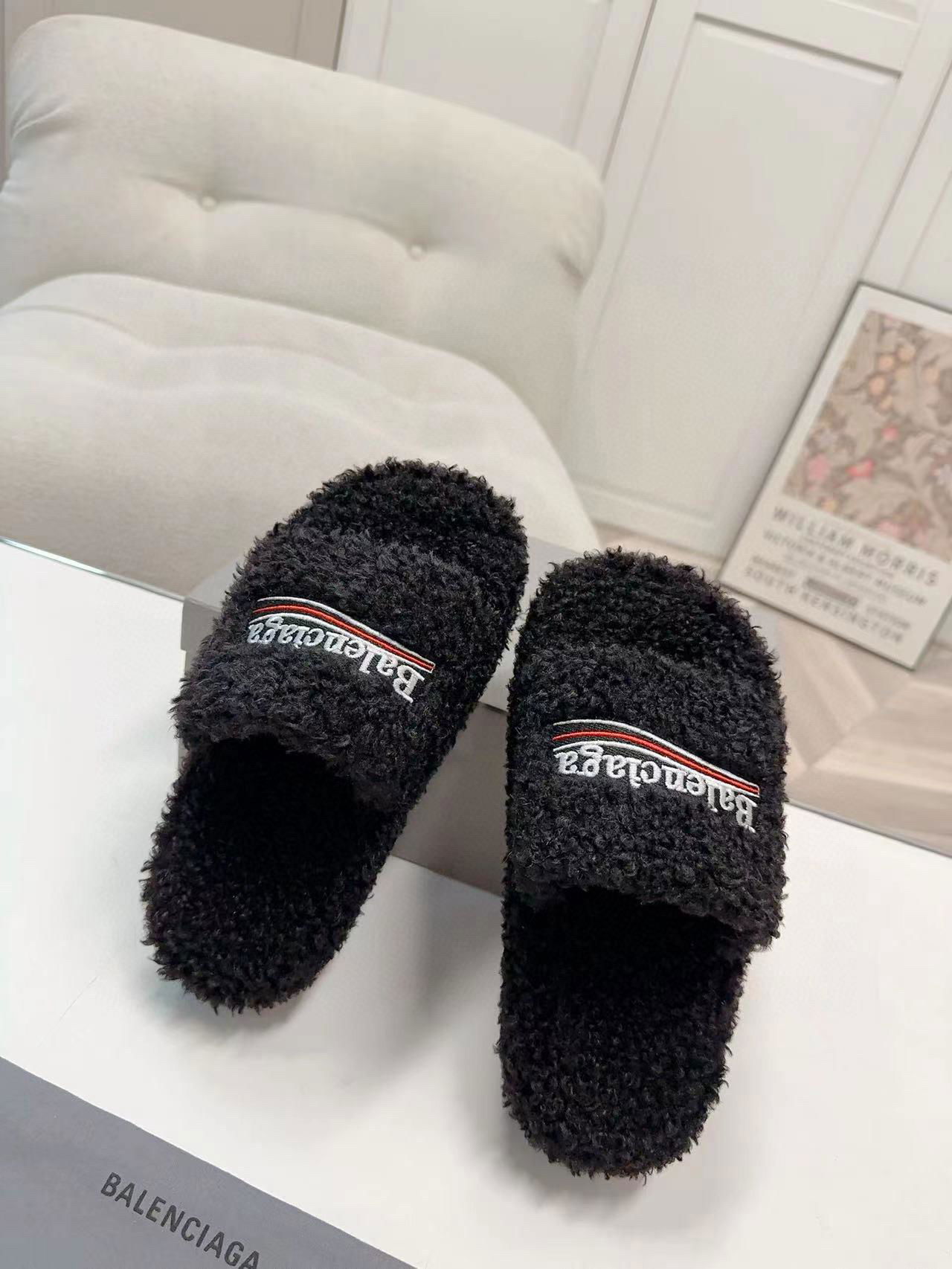 Balenciaga Furry Slide Sandals Black
