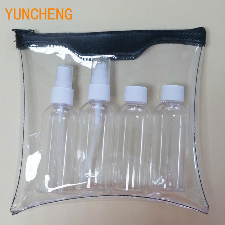 cosmetic packing empty clear pet bottle with spray cap plastic travel bottle set 2