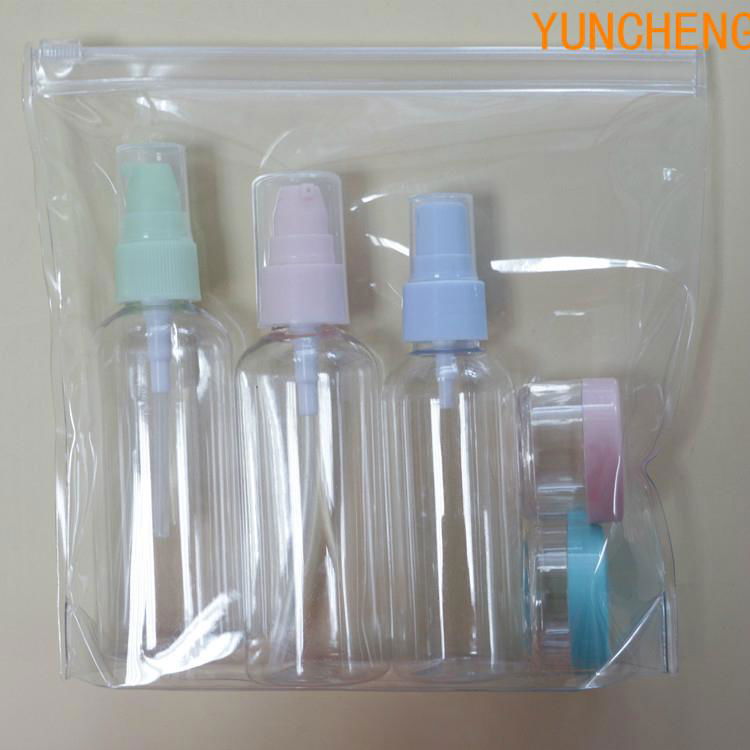 cosmetic packing empty clear pet bottle with spray cap plastic travel bottle set 3