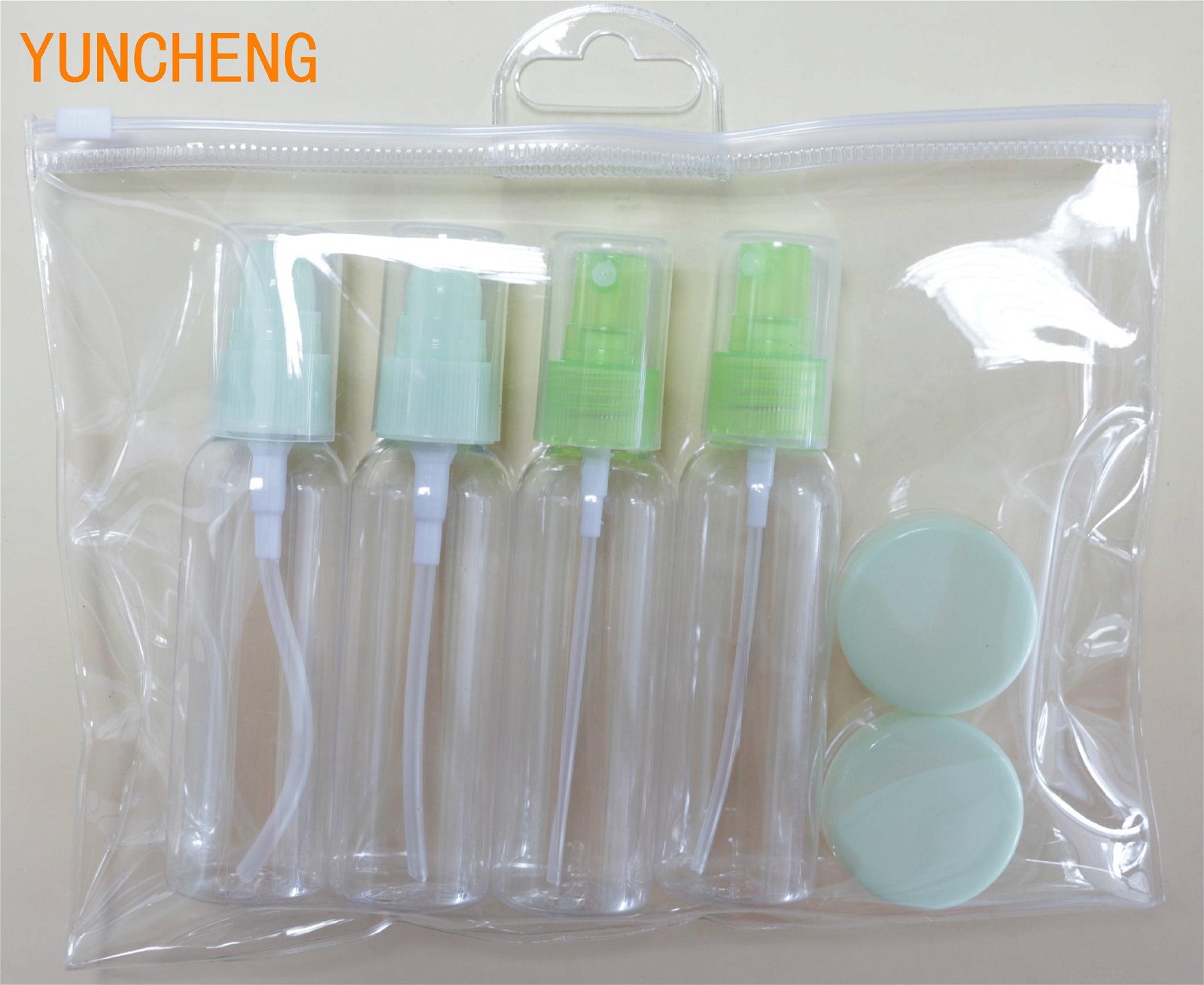 cosmetic packing empty clear pet bottle with spray cap plastic travel bottle set 5