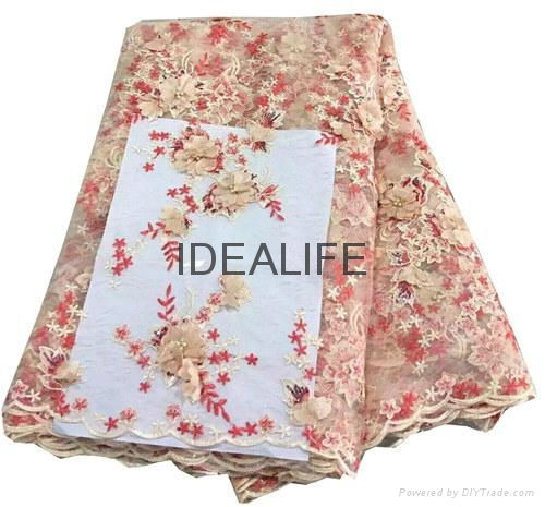 Seqiuns beaded lace fabric with 3D flower French net tull beaded lace  2