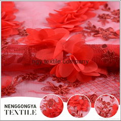 Customized fashionable decorative net tulle red rose embroidery fabric
