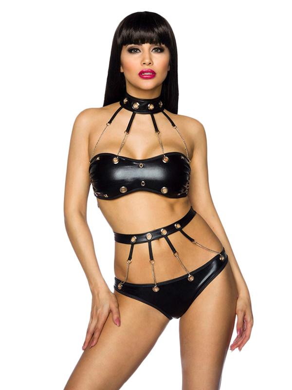 2017 New Hot Black Fashion Sexy High Neck Vinyl Lingerie With Grommet And Chain