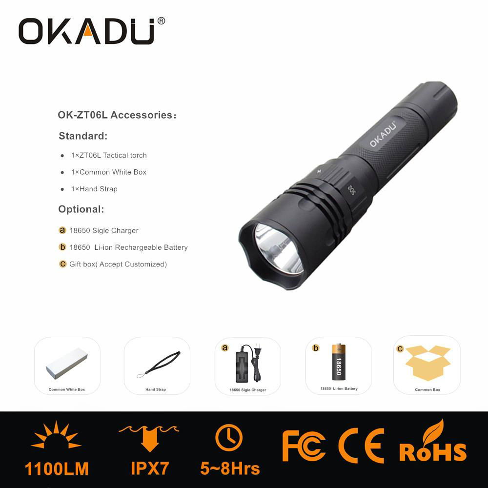 OKADU ZT06L 18650 LED Torch 1100Lumens Cree LED Tactical Flashlight  4