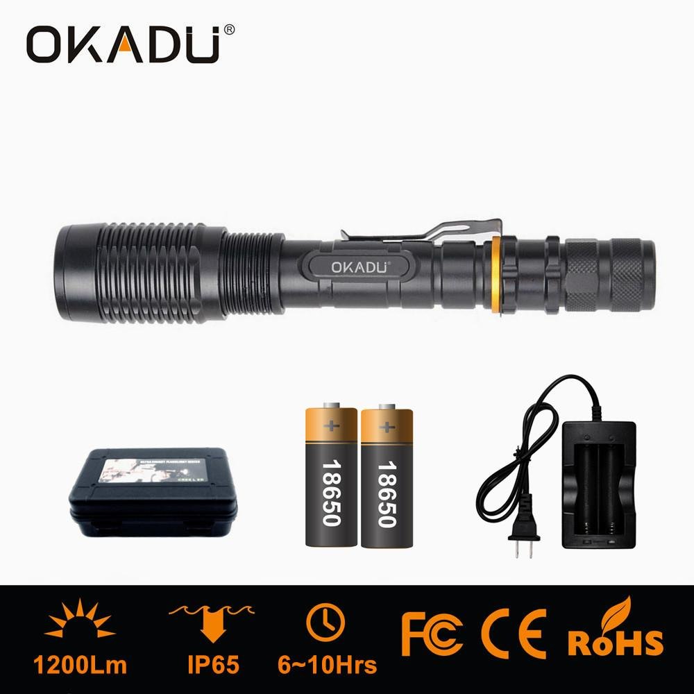 OKADU ZT02 18650 Battery Led Zoom Flashlight 1200Lumen Cree XM-L T6 LED Torch 5