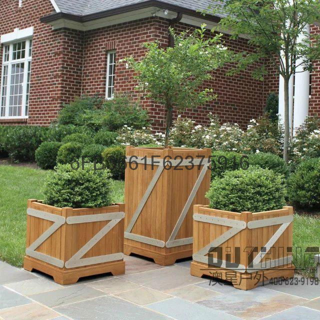 Creative art display feature of square wood preservative flower box combination 4