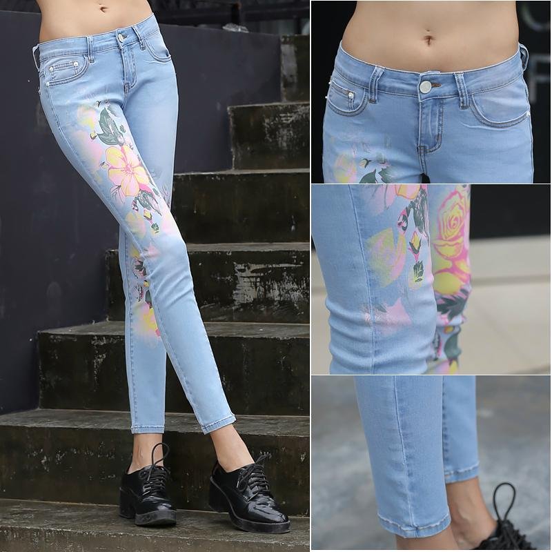 Orignal Design Brand Ladies Skinny Blue Denim Printed Jeans A005