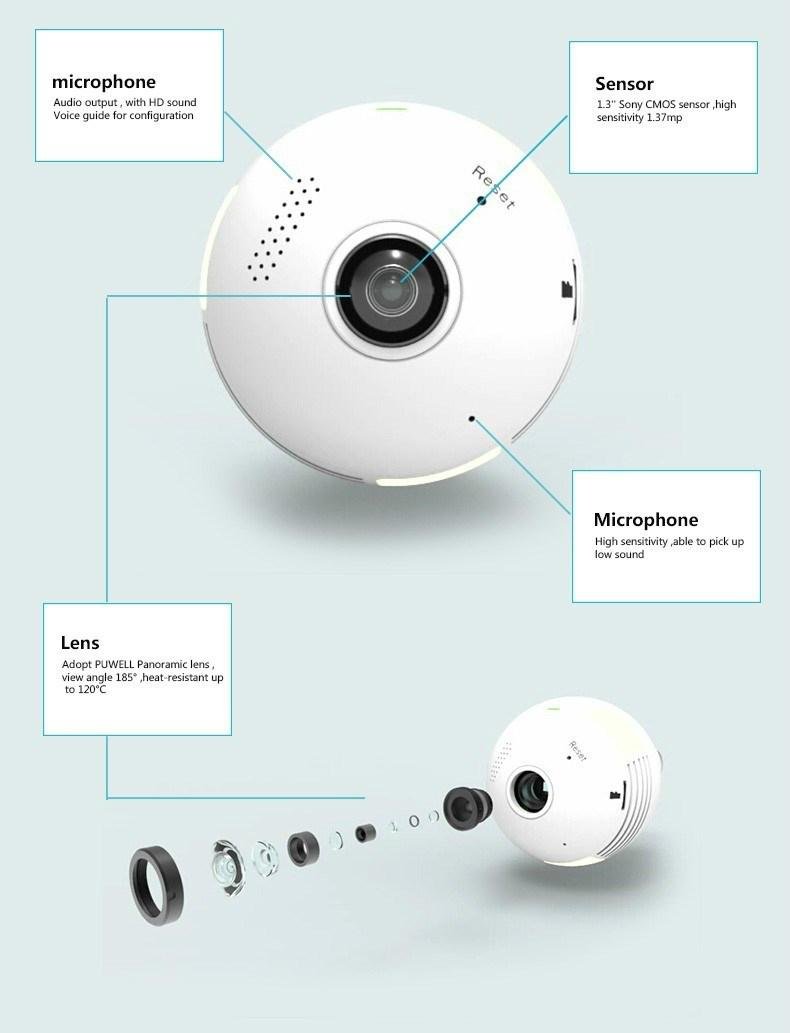 New resolution 360 degree wireless hidden camera 960p hd Smart alarm security wi