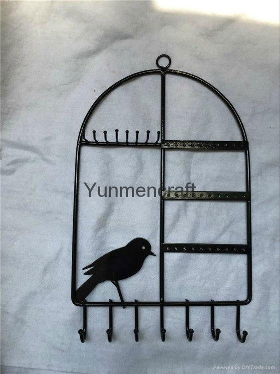 Black Metal Bird Cage Design Hanging Jewelry Rack Cosmetics Tray