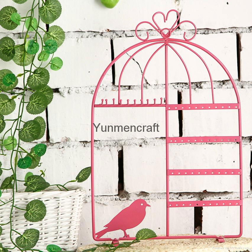 Black Metal Bird Cage Design Hanging Jewelry Rack Cosmetics Tray 2