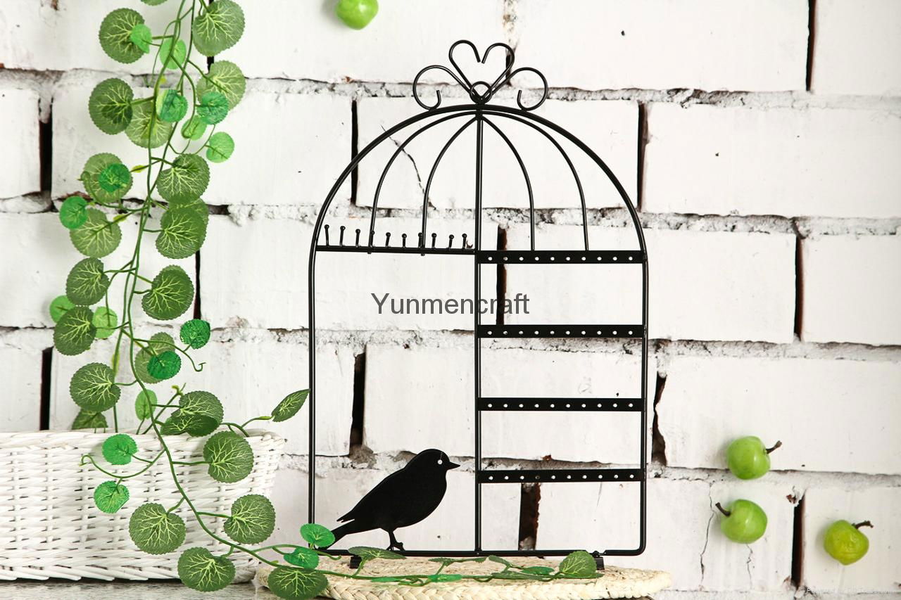 Black Metal Bird Cage Design Hanging Jewelry Rack Cosmetics Tray 4