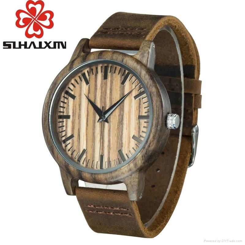 wood watches men leather Japan movement 2035 quartz wristwatch for personalized  1