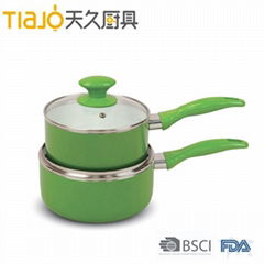 Aluminum ceramic red saucepan with white ceramic coating and glass lid