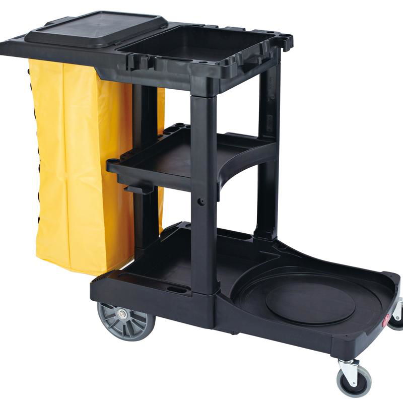 Plastic black 3 tiers cleaning trolley