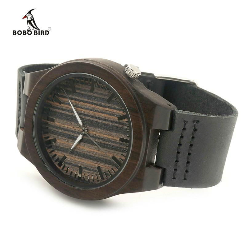 Leather strap japanese 2035 movement ebony wood watch 3