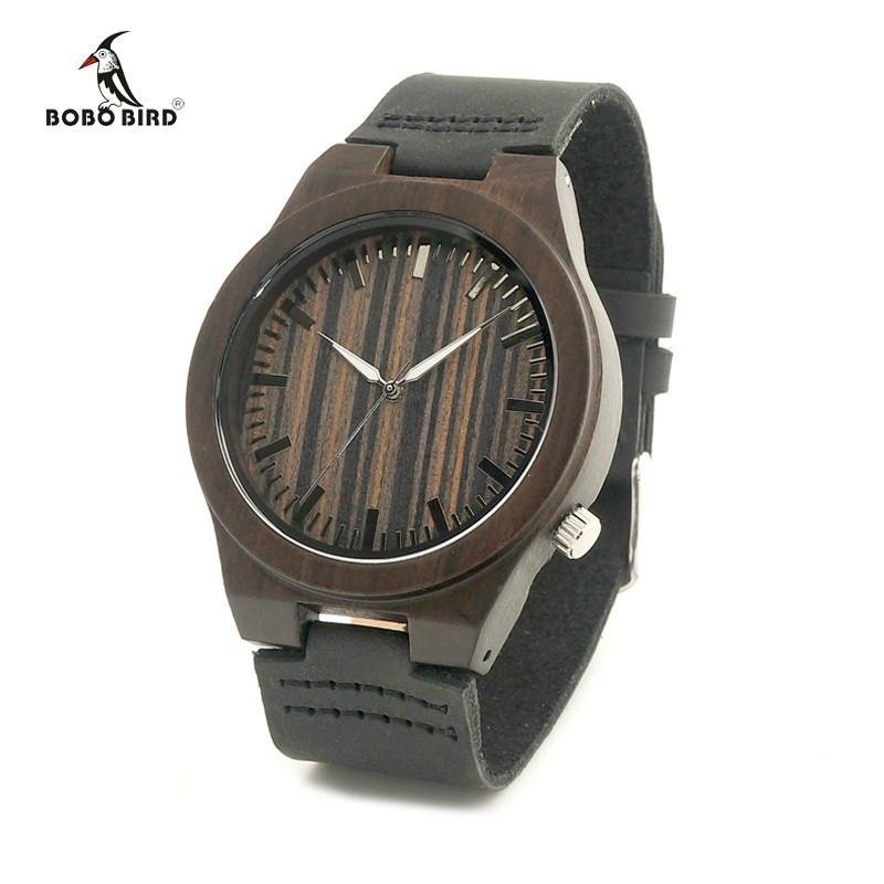 Leather strap japanese 2035 movement ebony wood watch 5