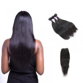 high quality  Brazilian Straight Hair Weave With Lace Closure 3 Bundles  2