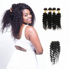top quality Brazilian Deep Wave Hair Weave With Lace Closure 3 Bundles  