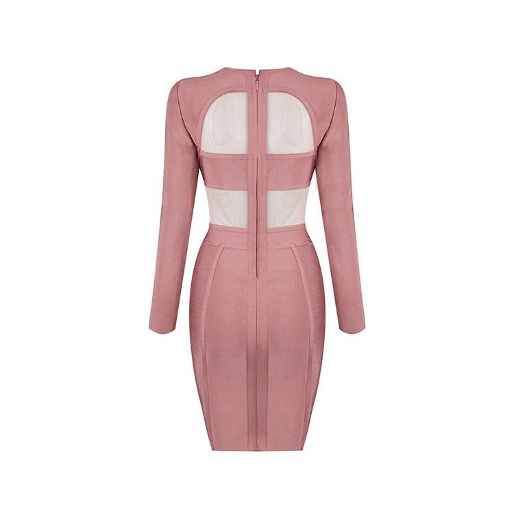 Pink Long Sleeves Fashion Bandage Dress with Mesh Details 4