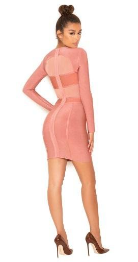 Pink Long Sleeves Fashion Bandage Dress with Mesh Details 2