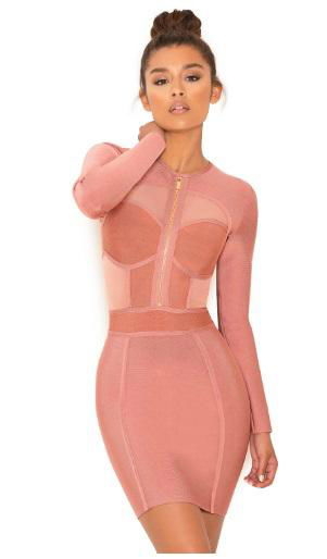 Pink Long Sleeves Fashion Bandage Dress with Mesh Details