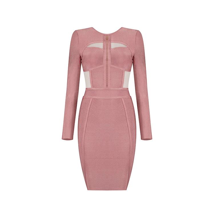 Pink Long Sleeves Fashion Bandage Dress with Mesh Details 3